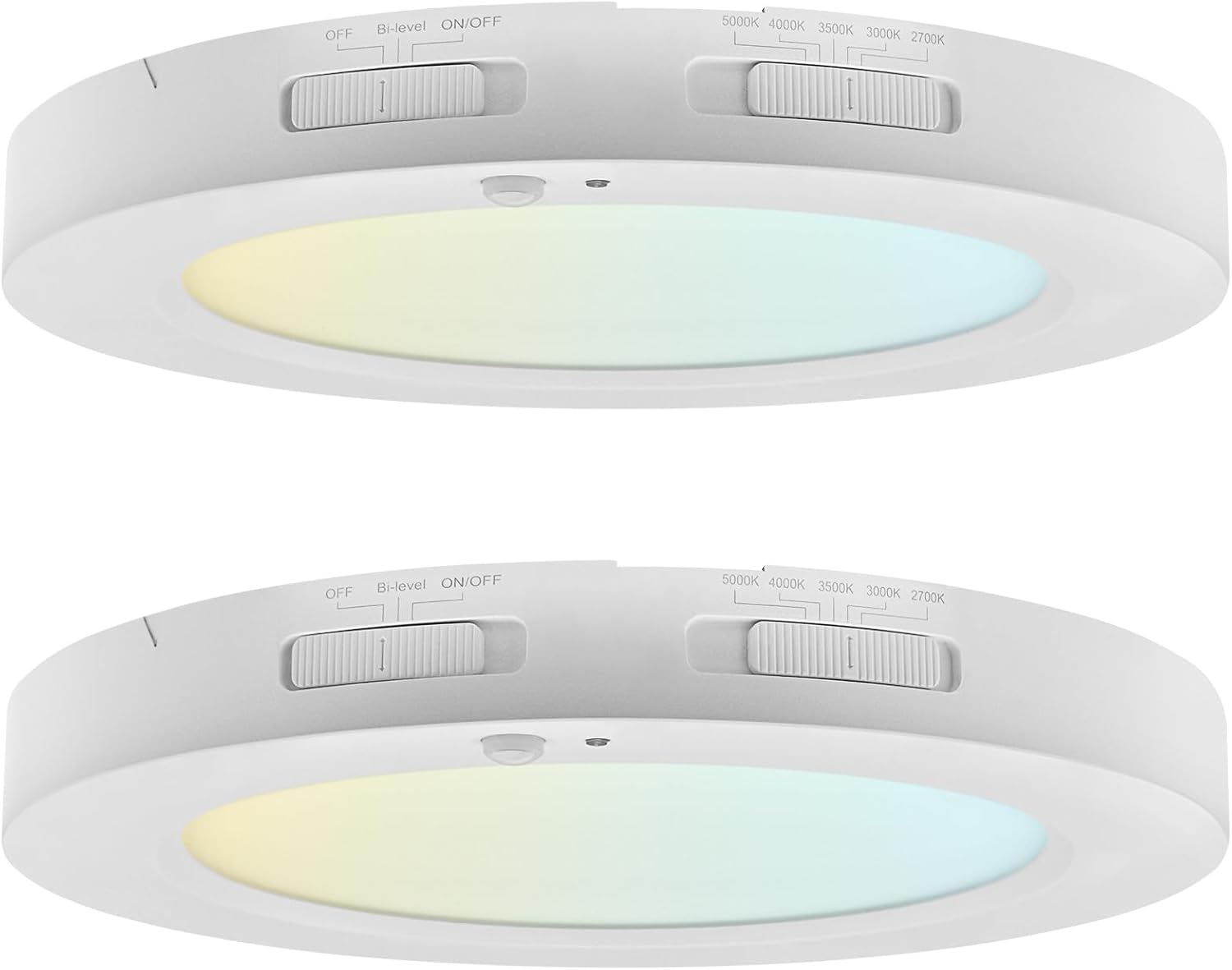 LUXRITE 7-Inch LED Flush Mount Ceiling Light with Bi-Level Adjustable PIR Motion Sensor, 13W, 1100 Lumens, 5CCT 2700K-5000K, Dimmable, CRI90, Title 24 Compliant, ETL Listed, Damp Rated (2 Pack)