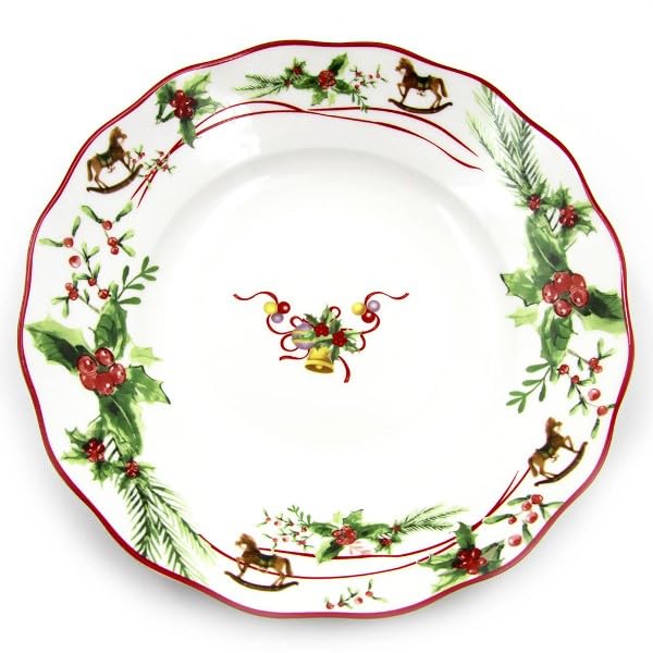 Royal Family Servicio de Vajilla de Navidad con Decoro de Campanas y Caballitos de Doma para 6 Puestos de Mesa (18 Piezas) en Porcelana Brillante y Resistente - Apto para Lavavajillas y Horno