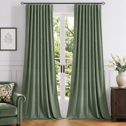 ANRODUO Sage Green Velvet Curtains 96 Inches Long 2 Panels for Bedroom