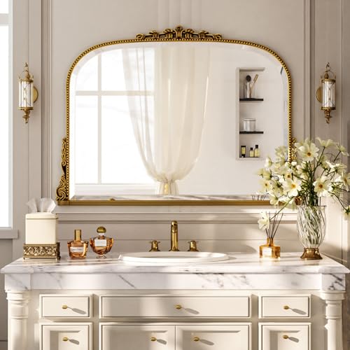 BEAUTYPEAK Wandspiegel Bogen 90x67 cm, Barock Spiegel oval mit Gold Rahmen, Bruchsicherer Vintage Wandspiegel, Großer Dekospiegel für Wohnzimmer, Bad, Flur