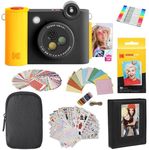 Image of Kodak Smile+ 2-in-1 Digital Instant Print Camera & Photo Printer Gift Bundle + Case + Zink 2x3 Sticky Back Photo Paper 20pk + Album + Sticker Sets + Sticker Frames + Hanging Frames + Markers - Black