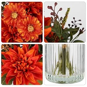 Briful Fake Fall Flowers with Vase Artificial Dahlia Mum Silk Floral Arrangement with Glass Vase Faux Autumn Flowers Bouquet for Home Office Room Coffee Table Centerpiece Wedding Decoration