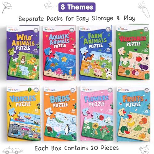 Image of Intelliskills 8-in-1 Jigsaw Learning Puzzle Set for Kids,160 Pieces, 8 Packs, Fruits, Vegetables, Flowers, Birds, Vehicles, Wild, Farm & Aquatic Animals, 3 Years+, BIS Certified, for Gifting