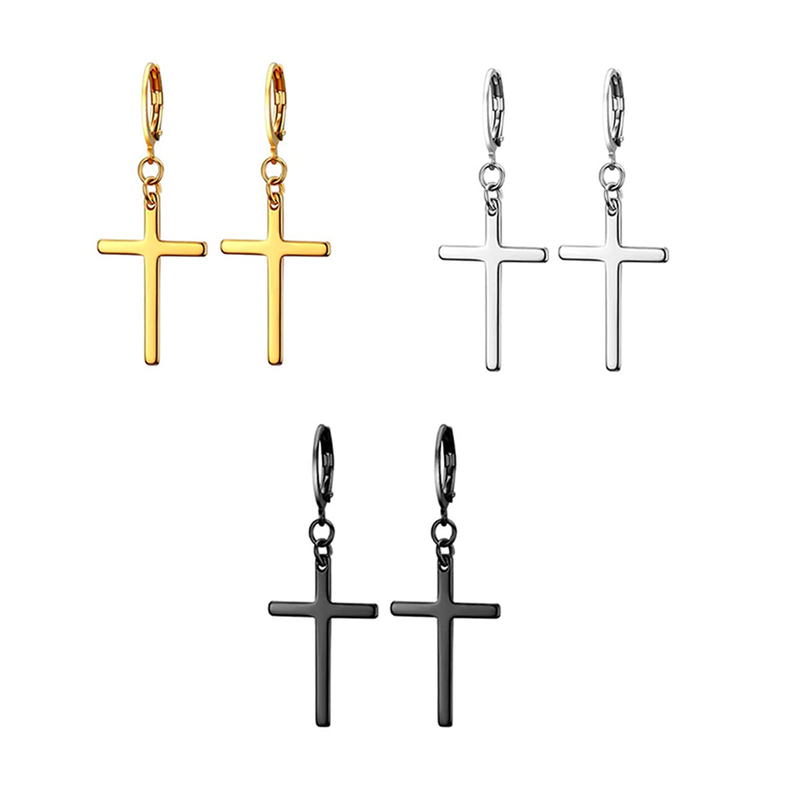 Ryaupy Conjunto de 3 Pares de Pendientes de Cruz - Pendientes de Aro de Acero Inoxidable con Colgante de Cruz - Joyería Cruzada - Pendientes para Hombres y Mujeres - Regalo en Oro, Plata y Negro