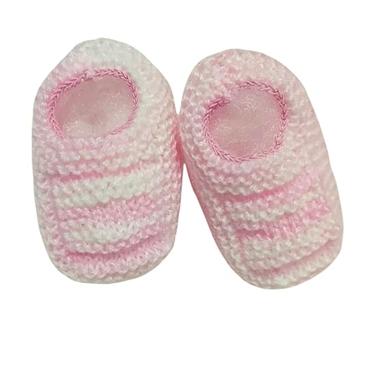 Sapatinho de Bebê de Tricô Rosa e Branco - 0 a 3 meses