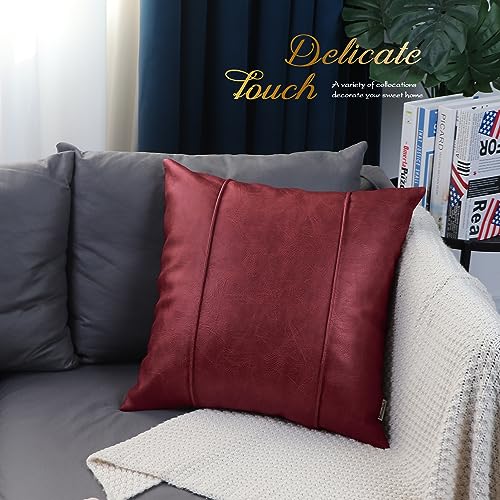 Image of BRAWARM Burgundy Leather Throw Pillow Covers 22 X 22 Inches - Faux Leather Pillow Cover with Piping, Hand Stitched Leather Throw Pillow for Couch Sofa Bed Living Room Home Decorative