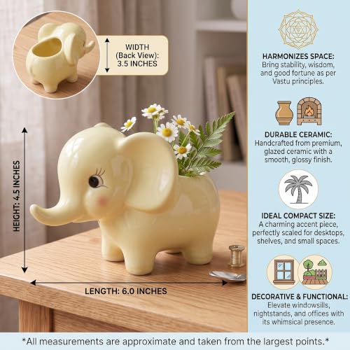 Image of Ceramic Elephant Succulent Planter - Cute Animal Shaped Flower Pot for Indoor Plants, Home Decor, Office Desk, & Gifting (Yellow, 6inch)