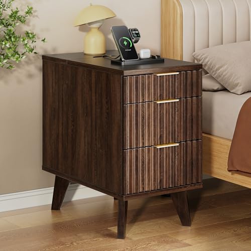 Kalrin 13" W Fluted Narrow Nightstand with 3 Drawers(Dark Walnut)