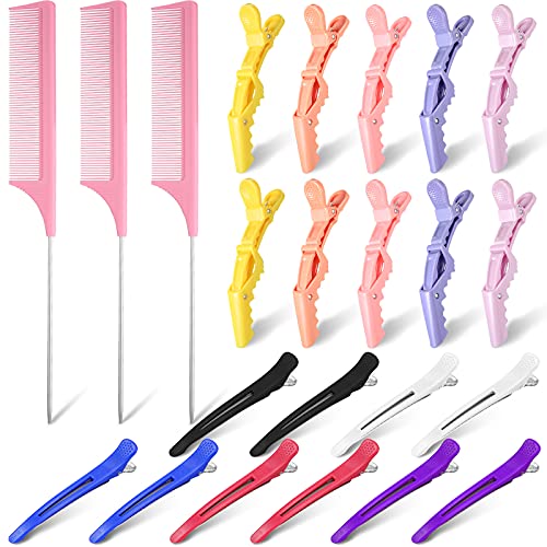 23 Pieces Rat Tail Comb Steel Pin Rat Tail Carbon Fiber Heat Resistant Teasing Combs with Stainless Steel Pintail Salon Hair Clips Alligator Clips Hair Clips for Hair Styling and Sectioning