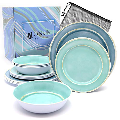 ONelly Designs Melamine Dinnerware Sets for 4 - 12pcs Plates and Bowls for Indoor Outdoor Patio use