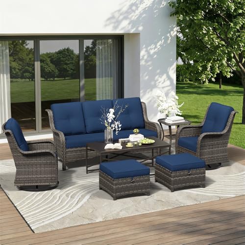 Image of 7 Piece Outdoor Wicker Patio Furniture Set, Outdoor Swivel Rocker Patio Chairs Set with Thickened Olefin Cushions, High Back and Deep Seating, Hand-Woven PE Rattan for Porch, Deck