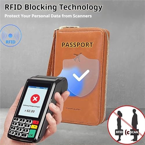 Rowgins Leather Travel Wallet with RFID Protection, Multi-Functional Passport Cover Case with Anti-Theft Zipper Closure(Brown)2
