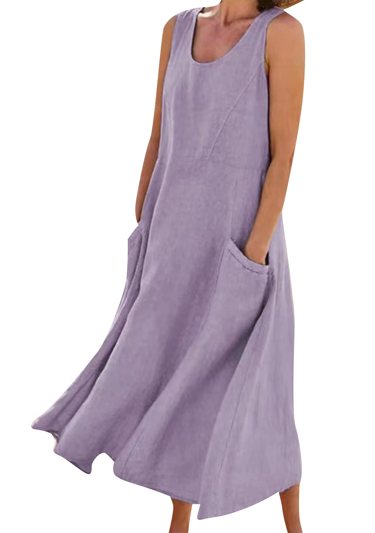 YMING Mujeres Verano Maxi Algodón Lino Tank Vestidos Casual Vestido Suelto Sin Mangas Cuello Redondo Vestido Camisa