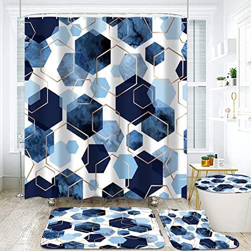 LQCOOL 4Pcs Sky Blue Geometric Shower Curtain Set