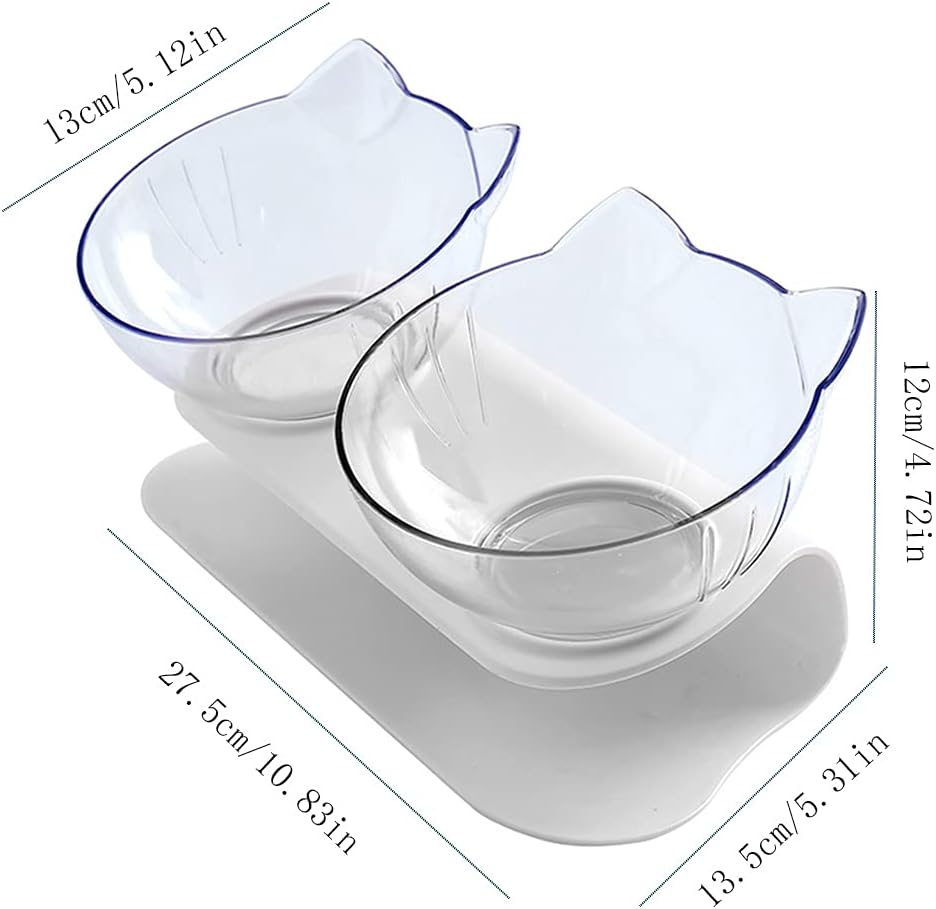Cat Raised Stand Double Transparent Plastic Bowl, 15 Degree Tilted Design Neck Guard Raised Bowl Pet Food Water Feeder Bowl for Cats or Small Dogs (White, Double)