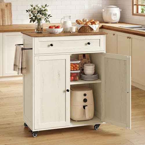 VASAGLE Siren Collection - Desserte Cuisine, Chariot à roulettes, Tiroir, Placard, Îlot de Cuisine, Étagère Réglable, 40 x 78,5 x 89,2 cm, Blanc Rustique...