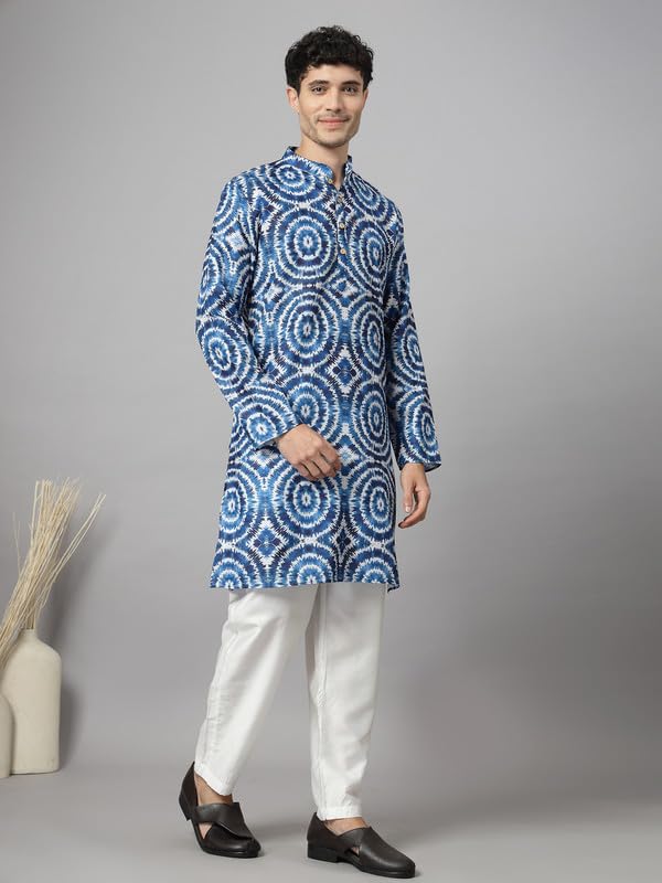 Image of Vastraa Fusion Men's Printed Kurta Pure Cotton Long Kurta, Round Collar, Full Sleeves, Button Kurta, Ethnic Wear
