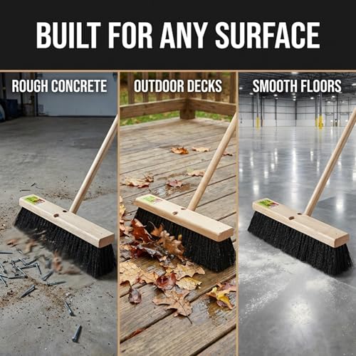 Image of Black Indoor Push Broom Head - Heavy Duty Hardwood Block - Polypropylene Bristles - Deck Scrub Brush - Two Threaded Handle Holes for Better Assist (18 inch)