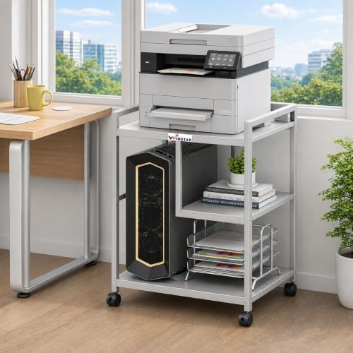Image of WINSTAR Printer Stand, Solid & Sturdy, Modern Contemporary Look, Space Saving, Made in India (Silver, 3 Tier Split Shelf)