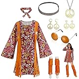 Yuragim Disfraz hippie de los años 60 de los años 70, ropa de discoteca, ropa hippie, accesorio para mujer, accesorio con vestido, collar, diadema, mangas de pierna para carnaval, fiesta, XXL
