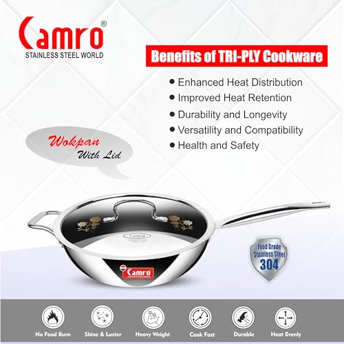 Image of Camro Triply Artisian Wok Pan with Lid 32 Cm, 6.7 Liters | Heavy-Duty Kadai for Noodles, Fried Rice Perfect Grip Traditional Chinese Cooking | Dishwasher Safe | 6 Years Warranty