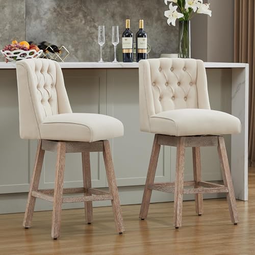 Image of Counter Height Bar Stools Set of 3, 360Swivel Bar Stools with Back and Wood Legs, 28.5 inch Morden Linen Fabric Upholstered Barstools for Kitchen Island Dining Room Bar