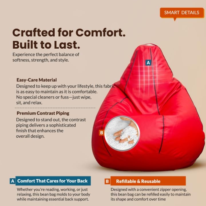 Image of Sattva Classic Piping XXXL Bean Bag with Pocket Filled with Beans | Faux Leather Teardrop Bean Bag for Adults & Teens | Pre-Filled Comfortable Seating for Bedroom, Living Room - Red with Black Piping