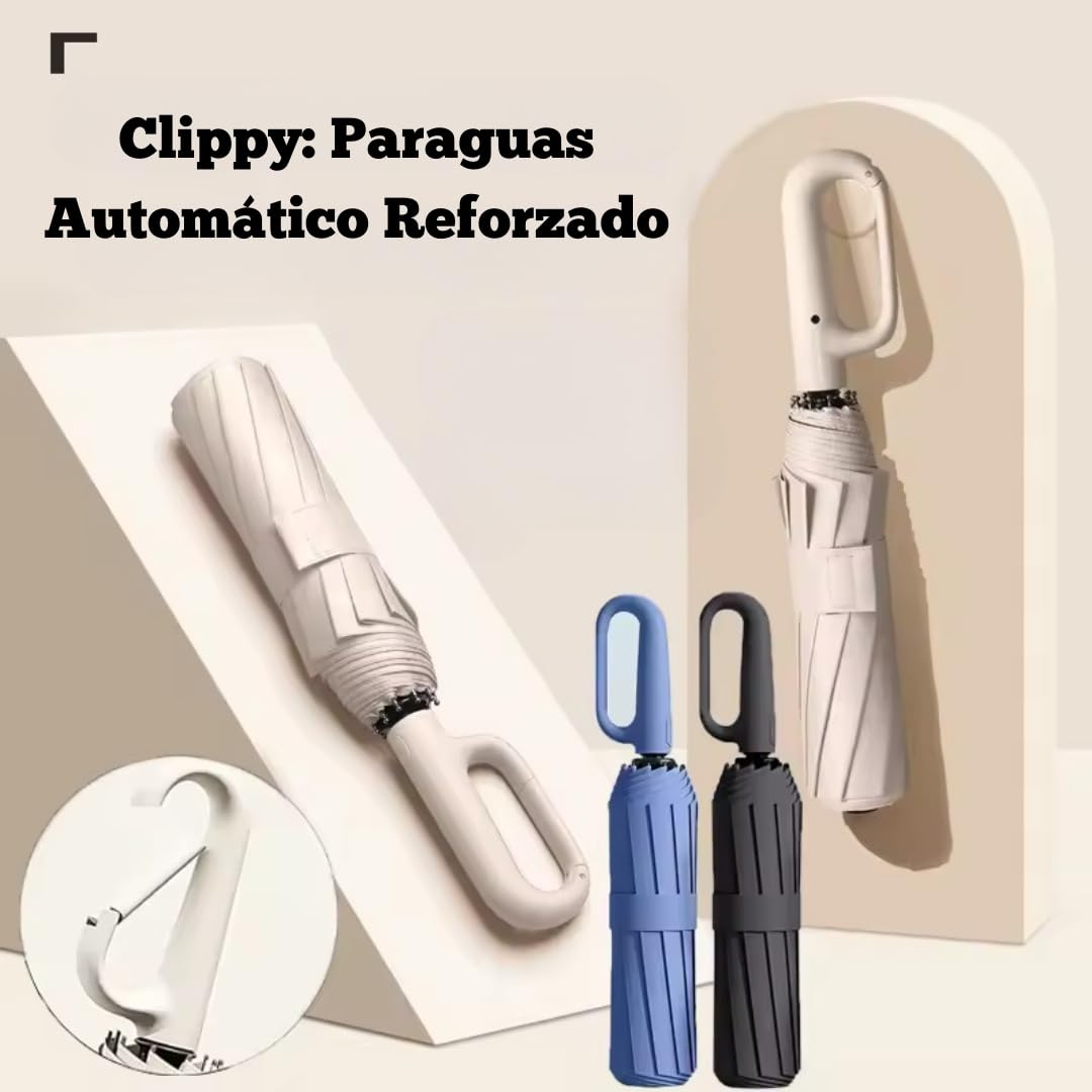 clippy paraguas automático reforzado 10 varillas fibra de vidrio acero resistente al viento impermeable plegable portátil viaje protección UV UPF50+ apertura cierre automático