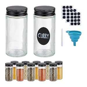 Relaxdays Gewürzgläser 12er Set, Streueinsatz, Gewürzdosen Glas, mit Etiketten, Stift & Trichter, transparent/schwarz
