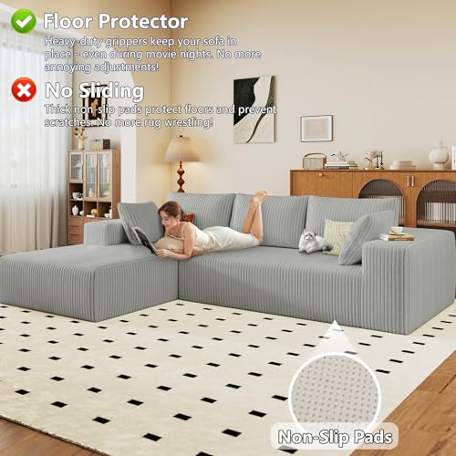 Image of 96 inch Modular Sectional Sofa, Modern Corduroy Cloud Couch with Deep Seat, Boneless Couch Upholstered 3-Seater L-Shaped Sofa for Living Room, No Assembly Required (Light Grey, Left-Facing Chaise)