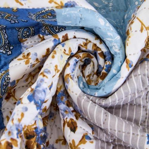 Image of HOMETHREADS Premium Style Anti Slip Sofa Cover Set | Cotton Sofa Slipcover | 1Pc Front Cover with Attached Armrest + 1Pc Back Cover (Blue White Sqr, 4 Seater | 200x185cm)