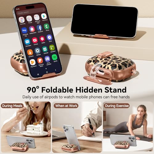 Image of for AirPods Pro 2 /1 Case (2023-2019), with Safty Lock & Phone Stand for AirPods Pro 2 /Pro1 Generation Case Cover for Women Girly with Keychain & Cleaner Kit - Leopard Print