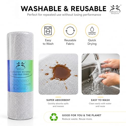 Image of AM Safe-X Microfiber Cleaning Cloth Roll 20Pcs | 10X Cheaper Than Paper Kitchen Towel Roll | Ultra Absorbent Lint Free Washable & Reusable Cleaning Towels for Kitchen 4000 Times Multi-Purpos Cleaning