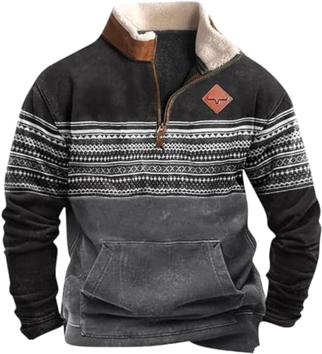 Men's Fashion Hoodies Sweatshirts 1/4 Zip Pullover Mens Cowboy Western Aztec Lapel Sweatshirt Casual Pullover