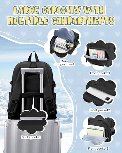 Image of Black Lightweight Backpack for College & High School Backpack With Lots of Pockets Cute School Bag for Girls Boys, Large Capacity Bookbag for Women Men, Waterproof Teens Casual Daypack Backpack