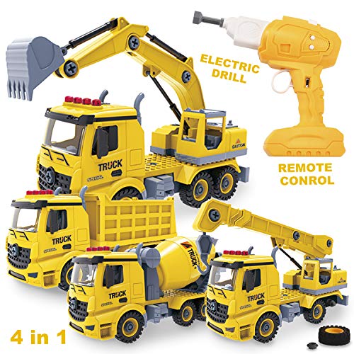 JOYIN 4-in-1 Take Apart Toys with Electric Drill Converts to 4 Types of Remote Control Car Trucks Construction Truck Toy for Boys