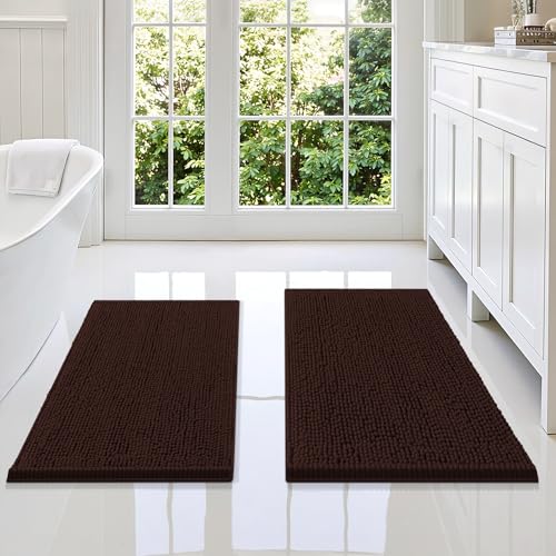 Image of Smiry Bathroom Rugs Sets 2 Piece, Soft Absorbent Chenille Machine Washable Non Slip Shaggy Bath Rug Set for Tub, Shower, and Floor (34x21+30x20, Brown)