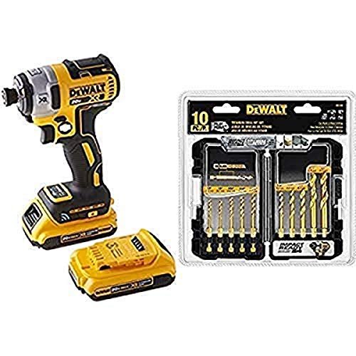DEWALT DCF888D2 20V Max XR Brushless Tool Connect Impact Driver Kit, with (2) 2Ah XR Brushless Batteries with DEWALT Titanium Drill Bit Set, 10-Piece Impact Ready (DD5160)