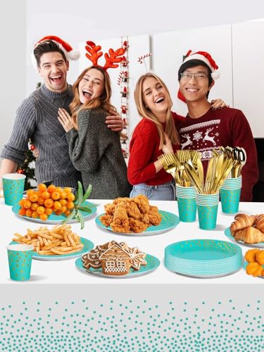 Image of Nkaiso 141Pcs Teal Gold Paper Plates and Napkins Party Supplies-20 Guests