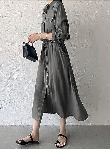 Image of Women Roll-Up Long Sleeve Button Down Shirt Midi Dress