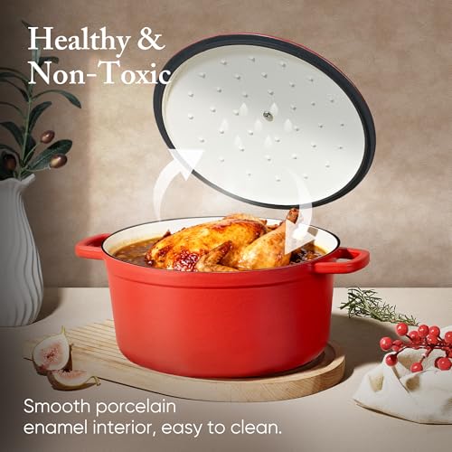 CAROTE Enameled Cast Iron Dutch Oven Pot with Lid, 4QT Red - Image 5
