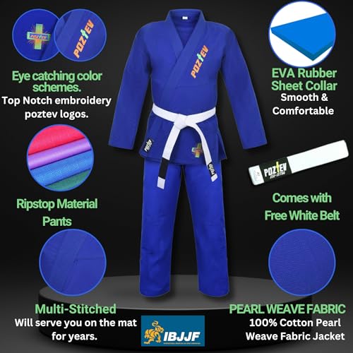 Poztev BJJ-GI-BLUE-A2 Brazilian Jiu Jitsu Gi For Men & Women Bjj Gi Grappling Kimonos Preshrunk Lightweight Fabric Martial Arts Uniform thumb #1