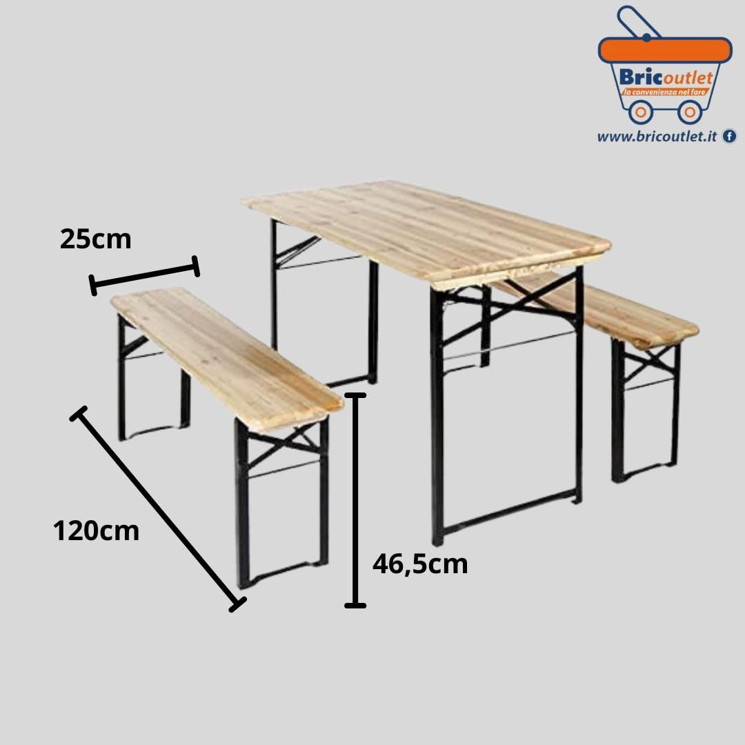 Set Birreria 2 Panche e Tavolo in Legno Naturale, Richiudibile, Salvaspazio 120x60cm