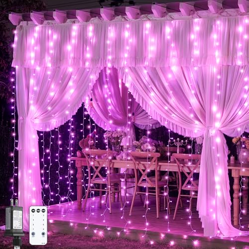 Image of JMEXSUSS 300 LED Curtain Lights, Pink String Lights for Bedroom, 9.8x9.8 ft | Plug in Hanging Lights with Remote, For Dorm, Window, Wall, Birthday Party, Girls' Room, Valentine's Day Indoor Outdoor Decor