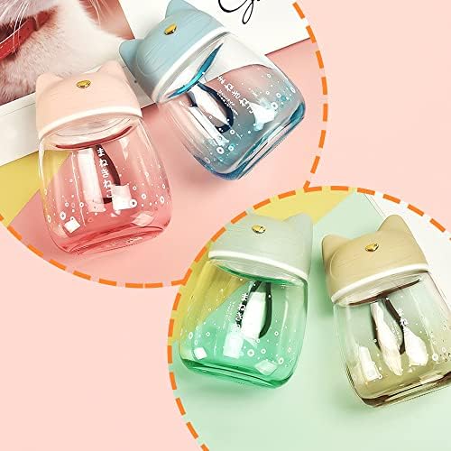 300ml Glass Water Bottle with Cat Ears Lid, Silicone Rope Cute Water Bottle, Leakproof Glass Drinking Bottle, Easy to Carry, Reusable (Gray)
