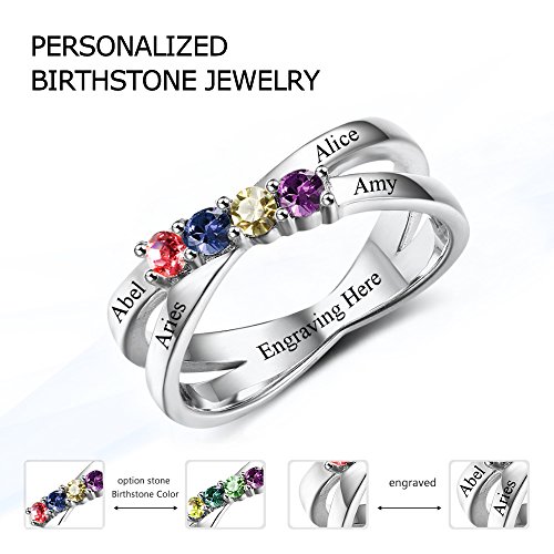 Love Jewelry Personalized Sterling Silver Mothers Rings with 4 Simulated Birthstones Engraved 4 Family Names Anniversary Rings Mothers Day Rings for Women4