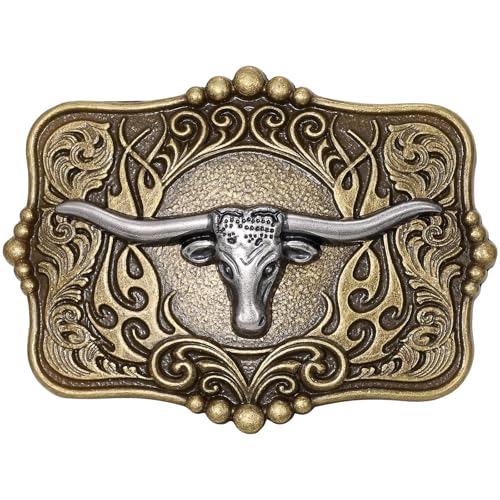 LALATCH Western Cowboy Belt Buckle for Men Vintage Cowboy Cowgirl Rodeo Texas Buckle Longhorn Bull Belt Buckles, Slivery Bull