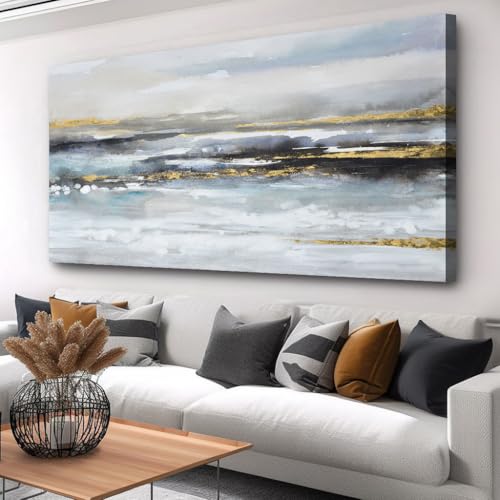 Orvannaatr Framed Abstract landscape Wall Art - Blue, gray and gold tones Painting, Canvas decorative wall hangings of the ocean and the sky 50x100CM Modern Wall Pictures Bedroom Kitchen Office Decor