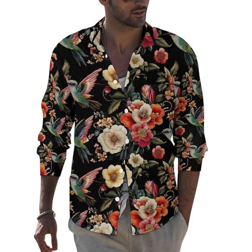 Camisas de Manga Larga para Hombre con Estampado de colibrí y Flores Rojas, Camisas Casuales elásticas con Botones y Corte Regular.