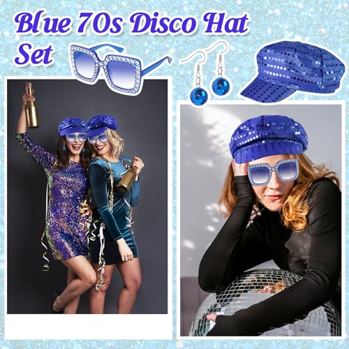 Oerphh 70s Disco Hat Set, 3PCS Sequins Glitter Abba Hat with Bling Sunglasses Disco Earrings, Women Disco Accessories for Adult Dance Theme Party (Blue) - Image 4